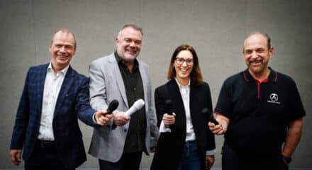 from left to right Kalle Hvidt Nielsen, DPA Microphones CEO James Gordon, Audiotonix CEO Marika Stangherlin, Wisycom CSO (Chief Sales Officer) Martin Seidl, Austrian Audio CEO
